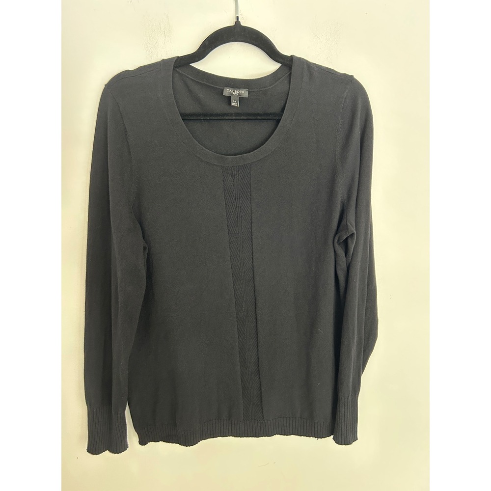 Talbots Petite Black Scoop Neck Sweater Chevron Knit Panel Long Sleeve Large P